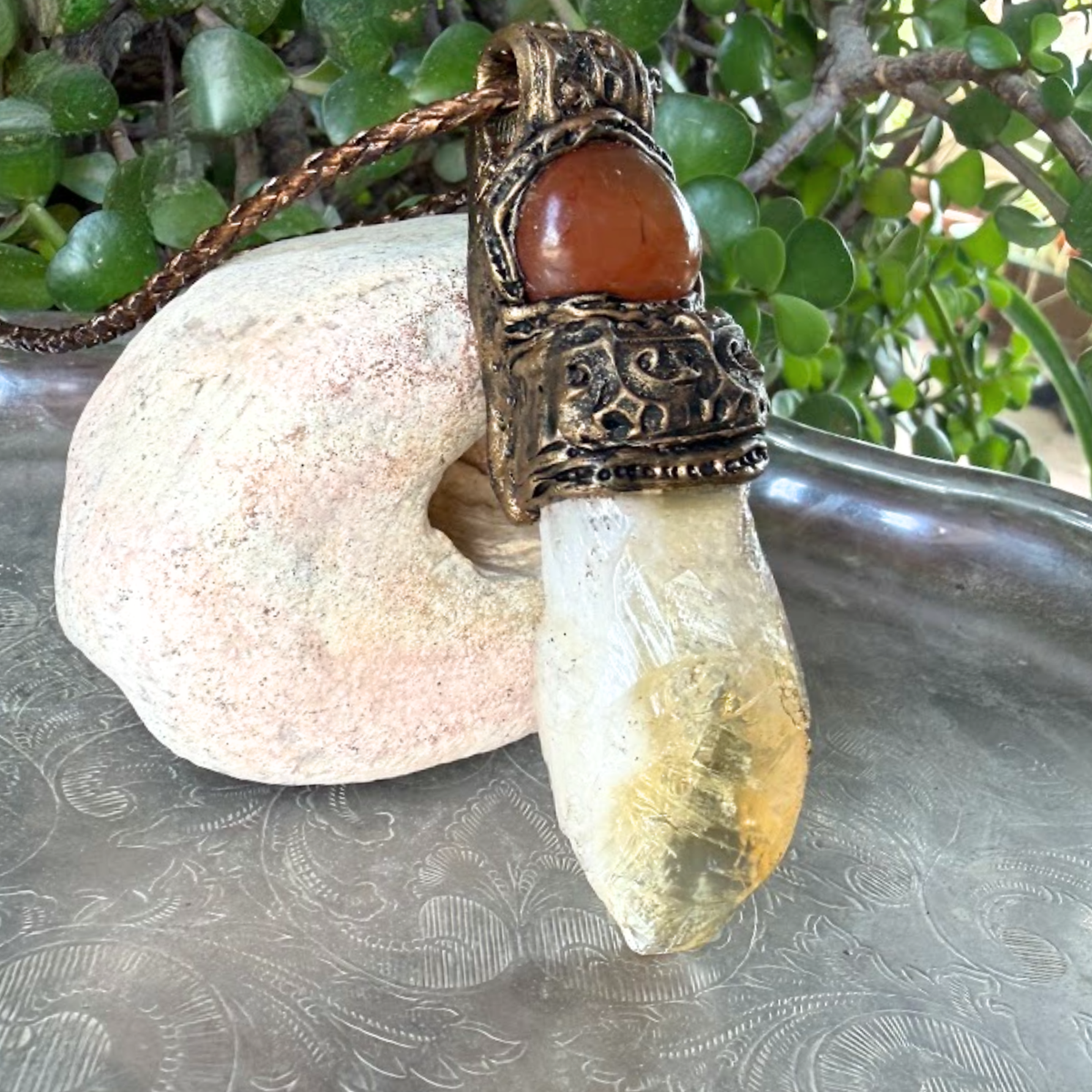 Natural Citrine & Carnelian Pendant Necklace – Large Raw Crystal Amulet.