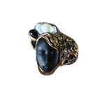 Handmade Baroque Pearl brooch with sculptural woman profile, Czech crystals and antique gold details, one-of-a-kind statement pin.