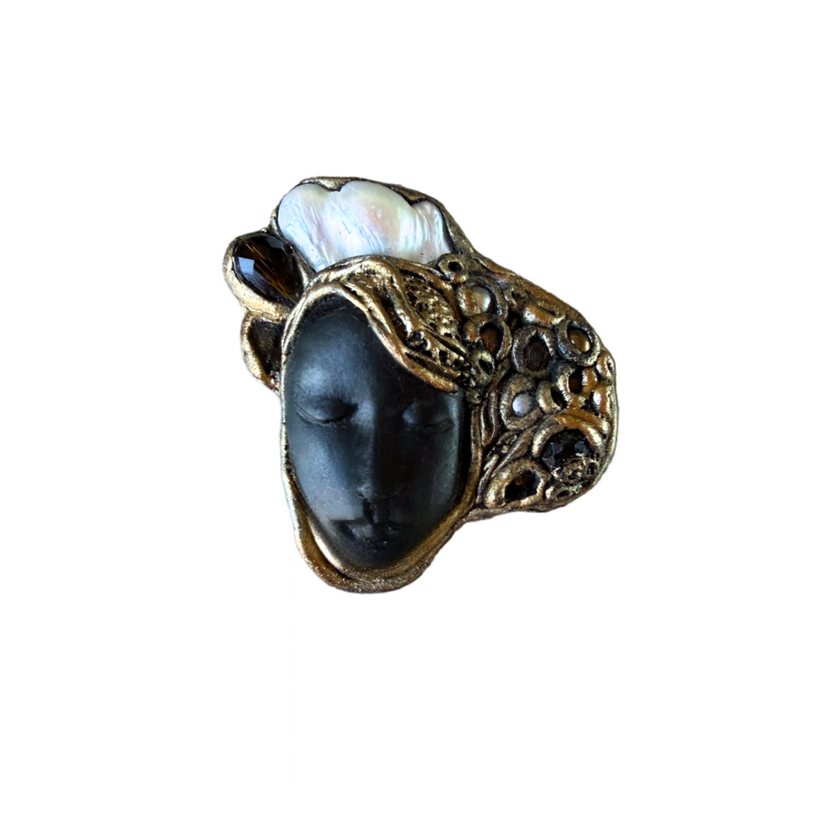 Handmade Baroque Pearl brooch with sculptural woman profile, Czech crystals and antique gold details, one-of-a-kind statement pin.