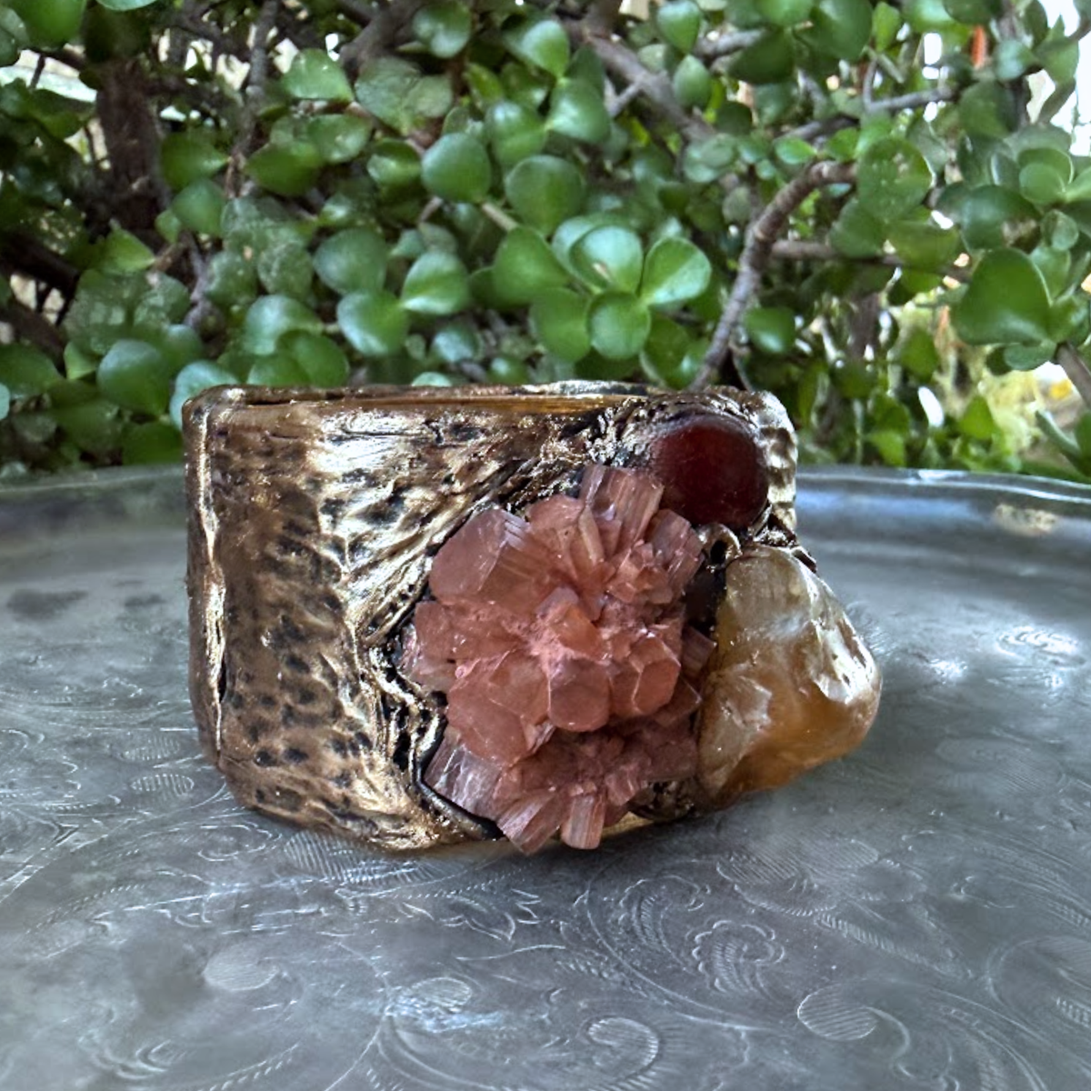 Aragonite, Citrine and Carnelian wide cuff bracelet, raw crystal statement jewelry.