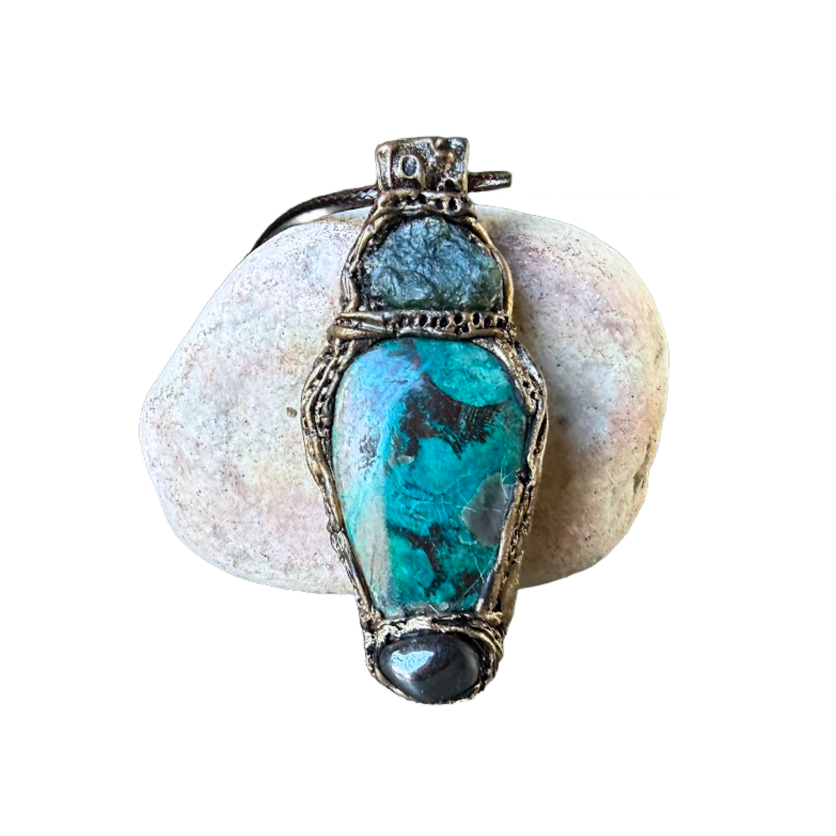 Raw Emerald, Chrysocolla and Hematite pendant necklace with natural green and metallic stones, handcrafted one-of-a-kind crystal amulet.