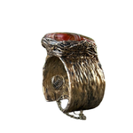 Wide statement cuff bracelet with an exceptionally large natural Sardonyx displaying red, rust, cream and white banded patterns.