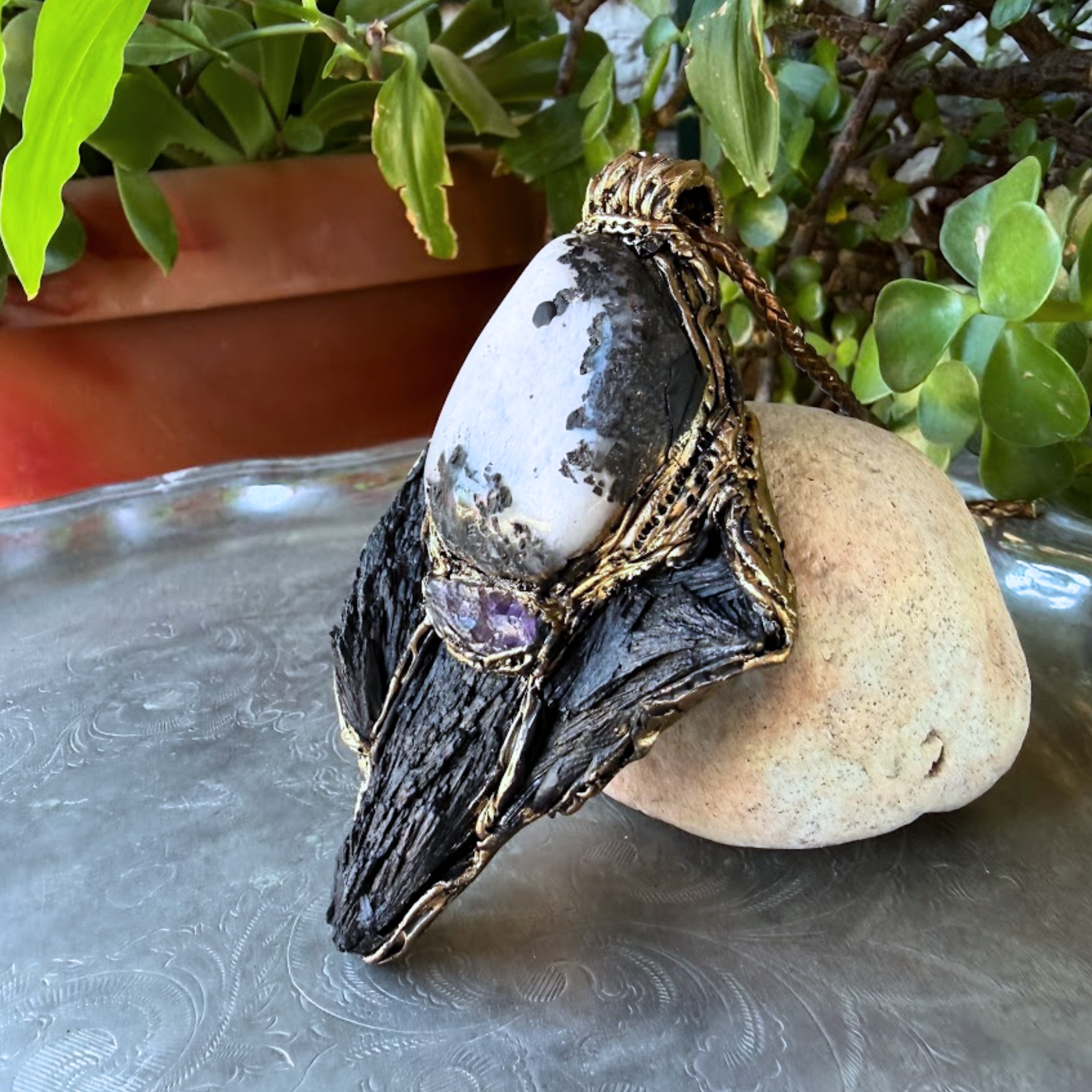 Black Kyanite & Tourmaline Quartz pendant necklace with natural raw crystals. A one-of-a-kind empath protection amulet for grounding and clarity.