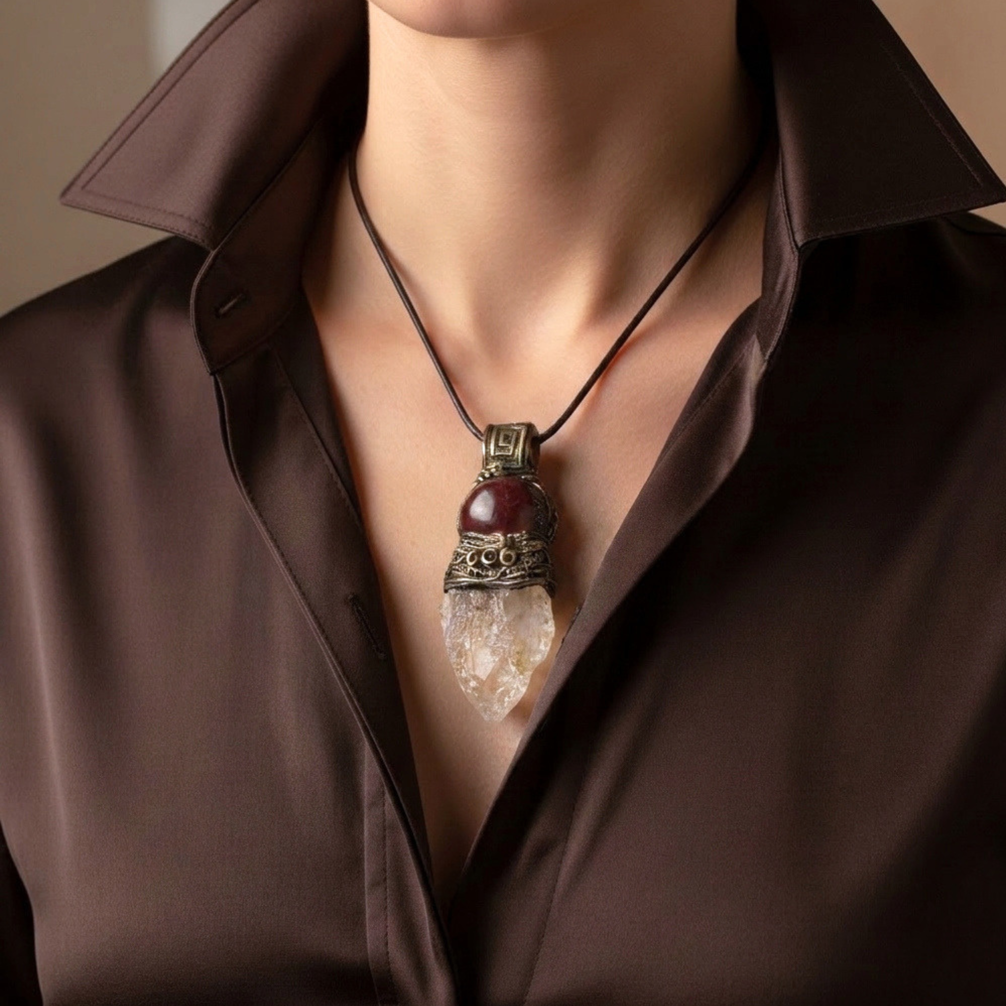 Natural Citrine & Carnelian Pendant Necklace – Large Raw Crystal Amulet.