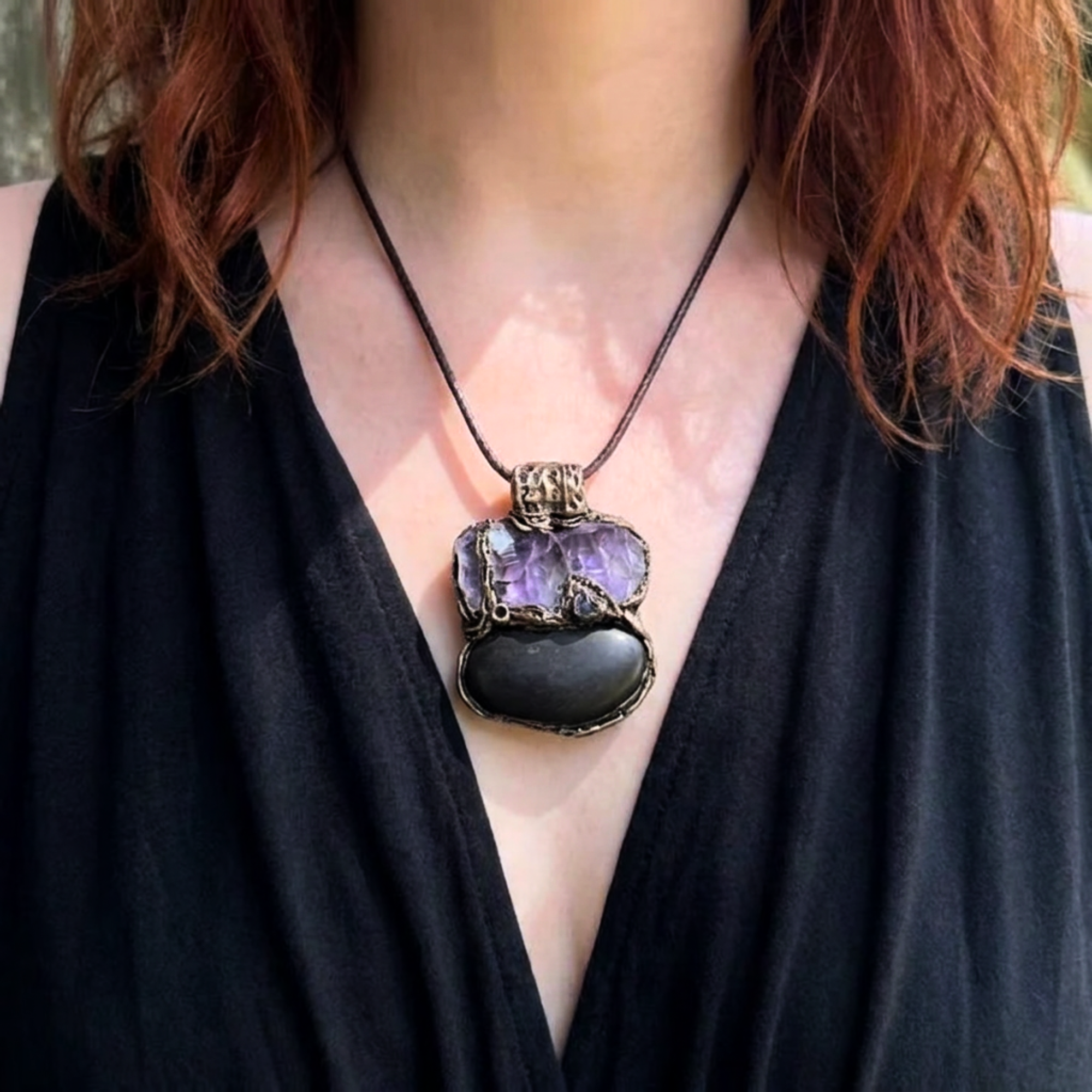 Shungite Raw Amethyst Pendant Necklace - Empath Protection Amulet