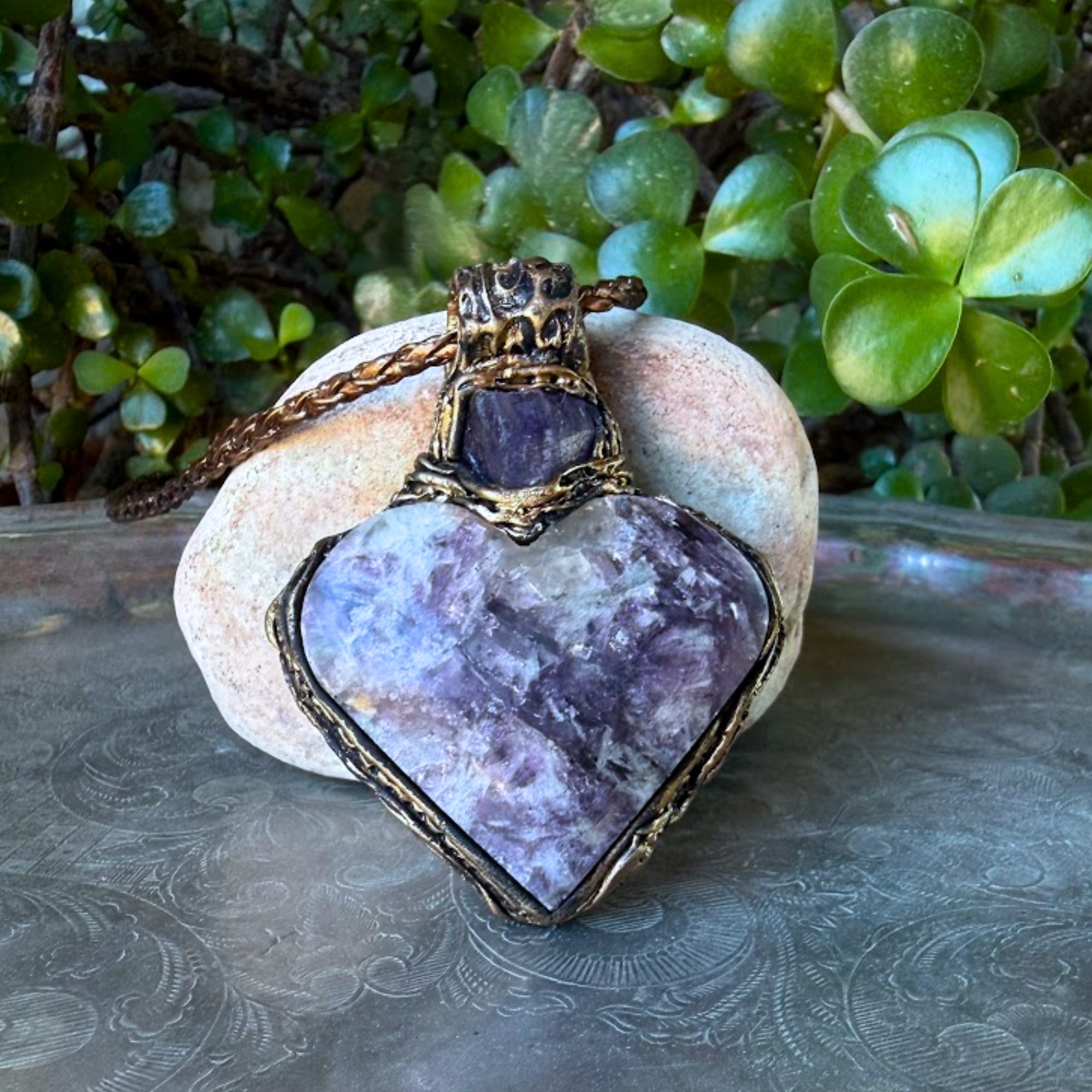 Lepidolite and Amethyst heart pendant necklace with natural purple gemstones, handcrafted large crystal amulet in a one-of-a-kind design.