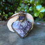 Lepidolite and Amethyst heart pendant necklace with natural purple gemstones, handcrafted large crystal amulet in a one-of-a-kind design.