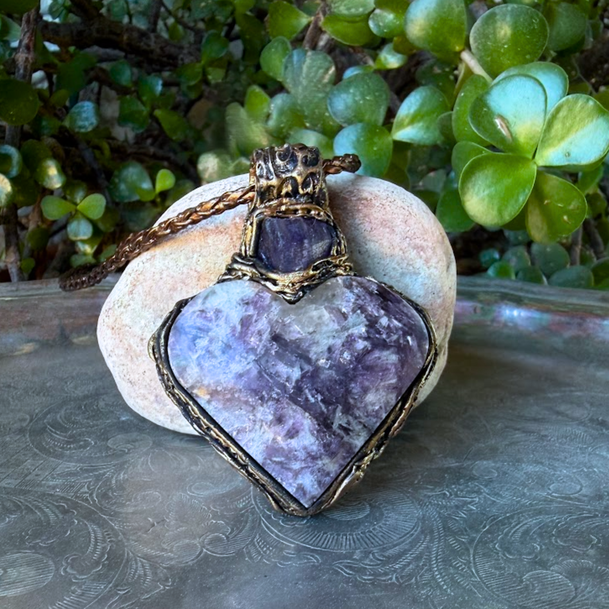 Lepidolite and Amethyst heart pendant necklace with natural purple gemstones, handcrafted large crystal amulet in a one-of-a-kind design.