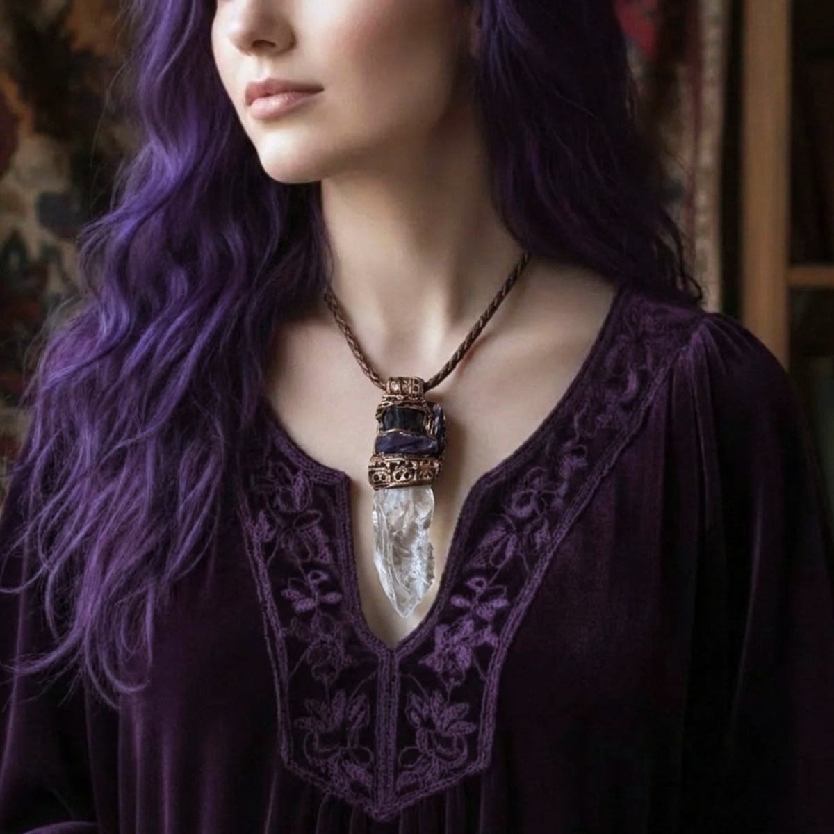 Black Tourmaline, Calcite and Amethyst pendant necklace with natural gemstones, handcrafted one-of-a-kind empath protection amulet.