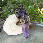 Amethyst and Tanzanite gemstone pendant necklace — spiritual crystal amulet for intuition, peace, and mindfulness.