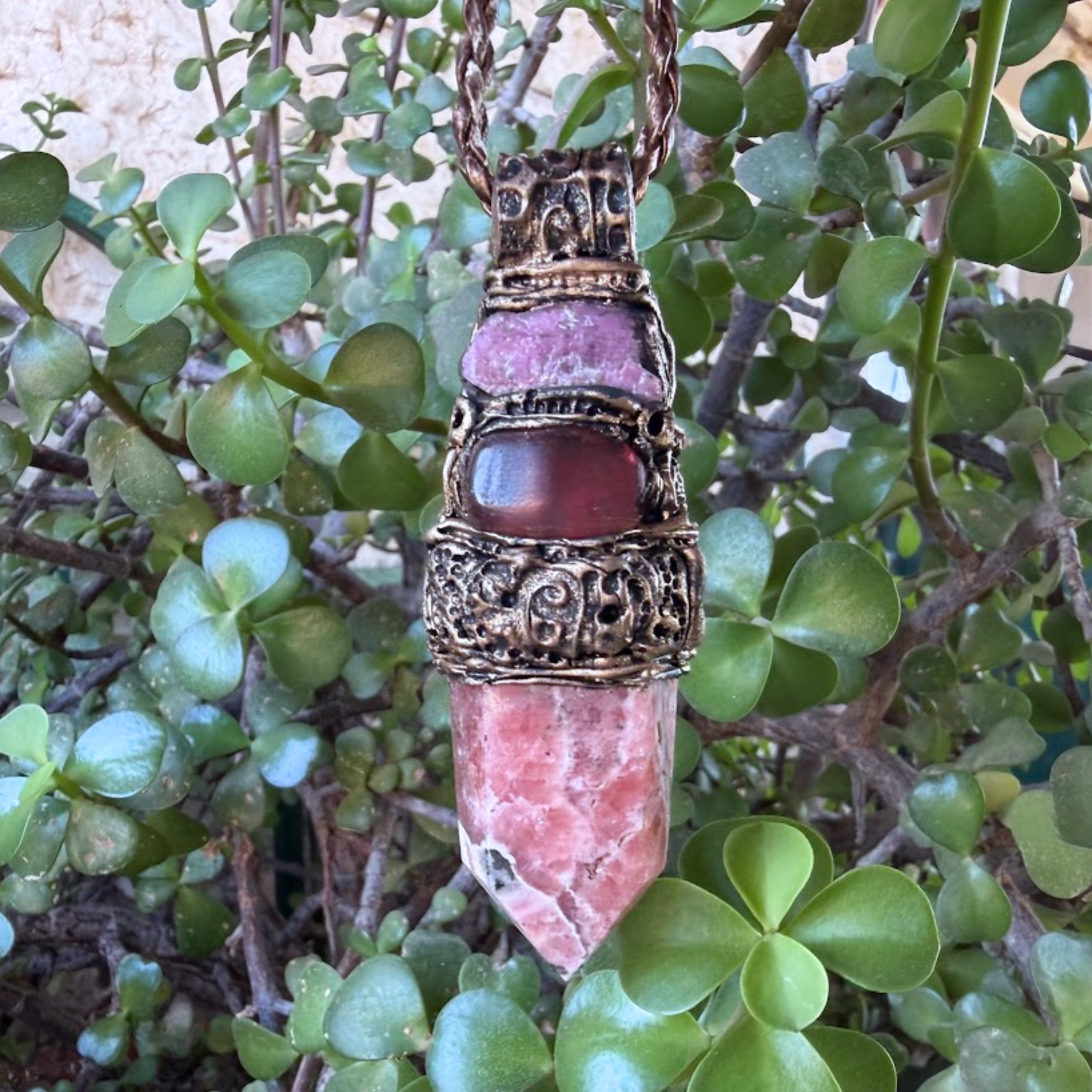 Rhodochrosite, Ruby and Cherry Quartz pendant necklace with large natural pink and red stones, handcrafted one-of-a-kind love crystal amulet.