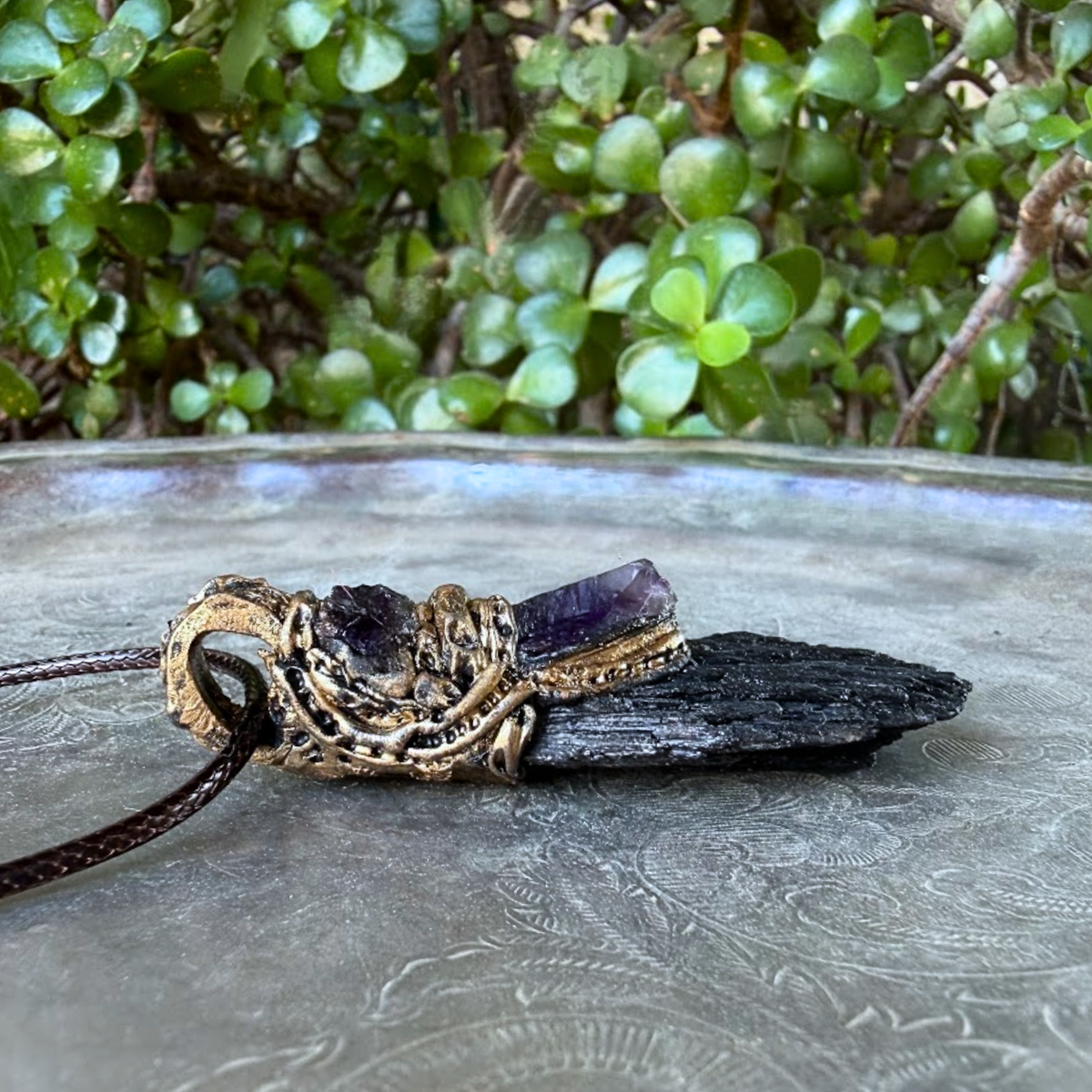 Black Kyanite and Amethyst Pendant Necklace Empath Protection Crystal Amulet