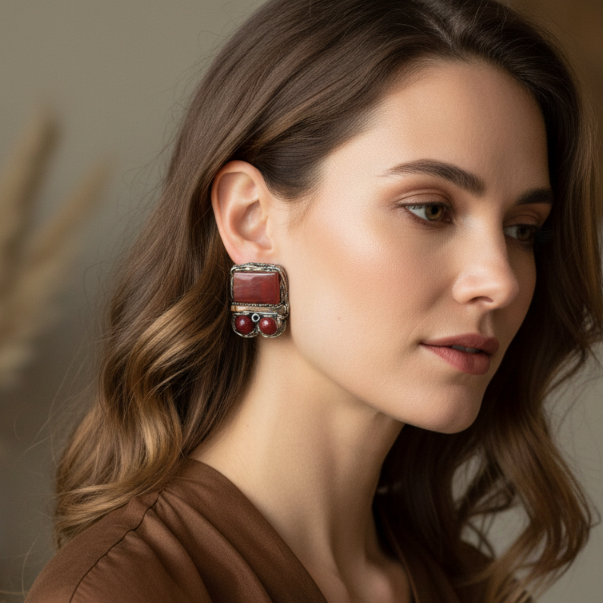 Carnelian statement clip-on earrings with rectangular and round red stones in a handcrafted geometric setting.