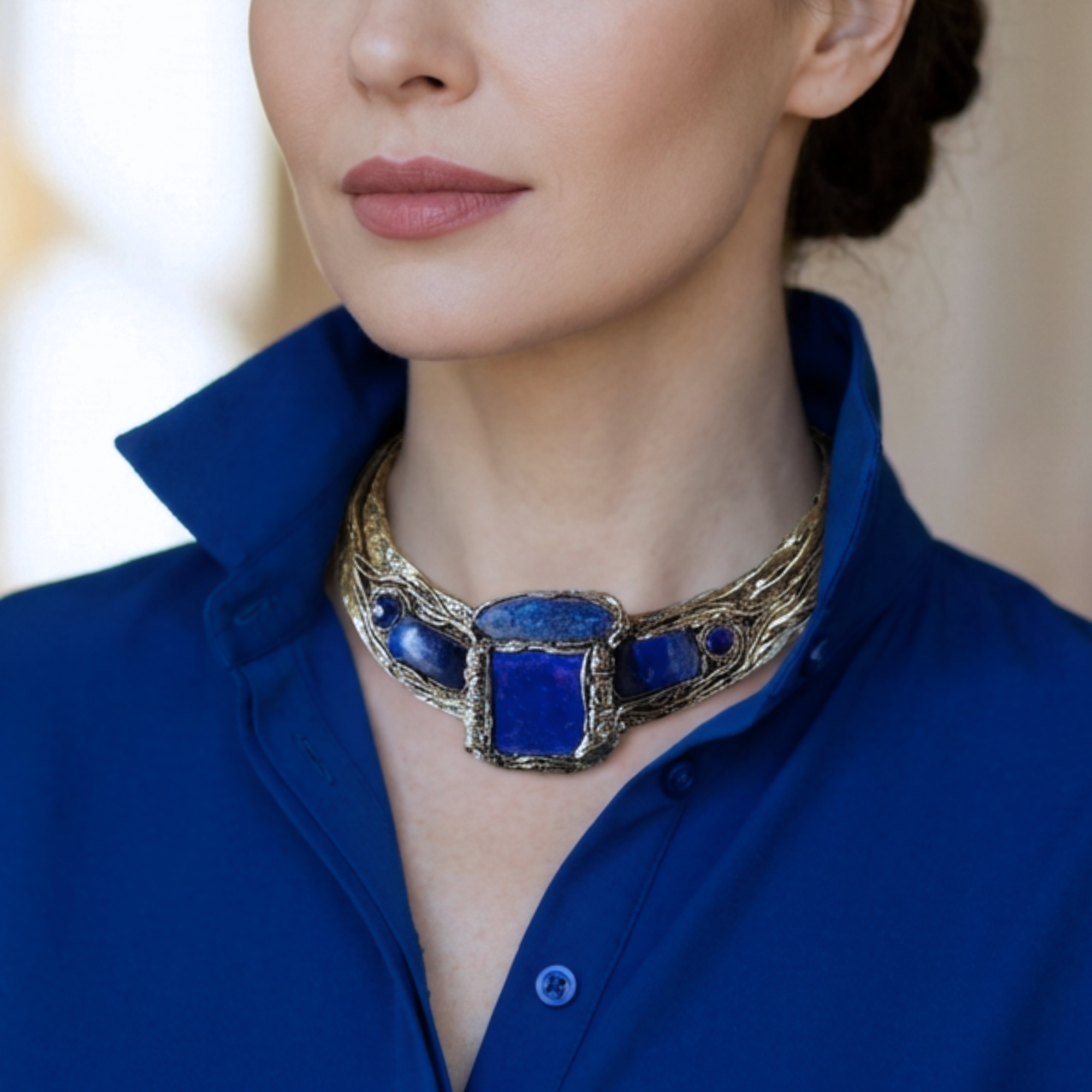 Lapis Lazuli & Sodalite Wide Choker – Chunky Blue Stone Statement Necklace.