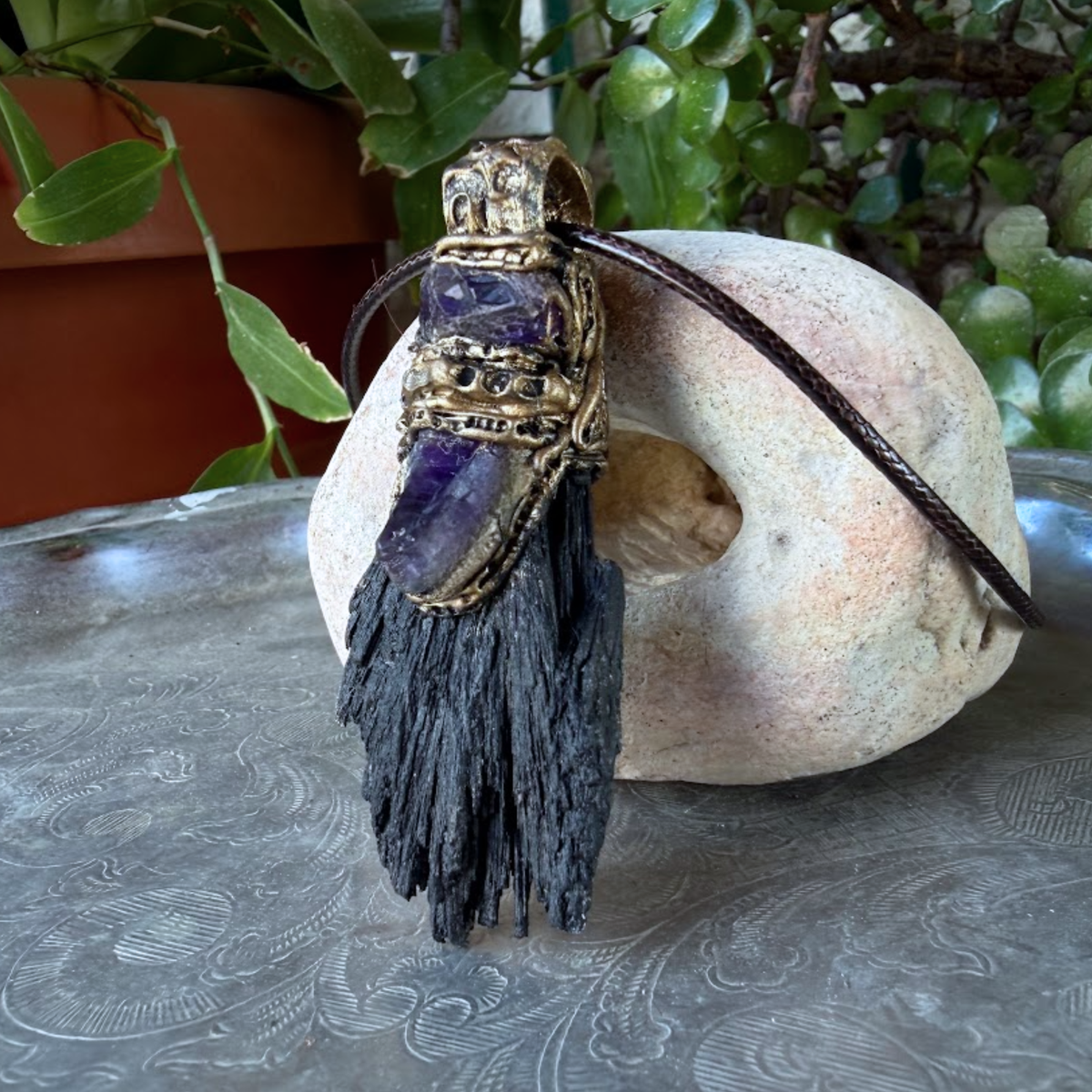 Black Kyanite and Amethyst Pendant Necklace Empath Protection Crystal Amulet
