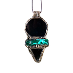 Handmade Obsidian and Malachite statement pendant necklace featuring contrasting black and green gemstones in a bold, one-of-a-kind crystal amulet design.