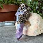 Amethyst and Tanzanite gemstone pendant necklace — spiritual crystal amulet for intuition, peace, and mindfulness.