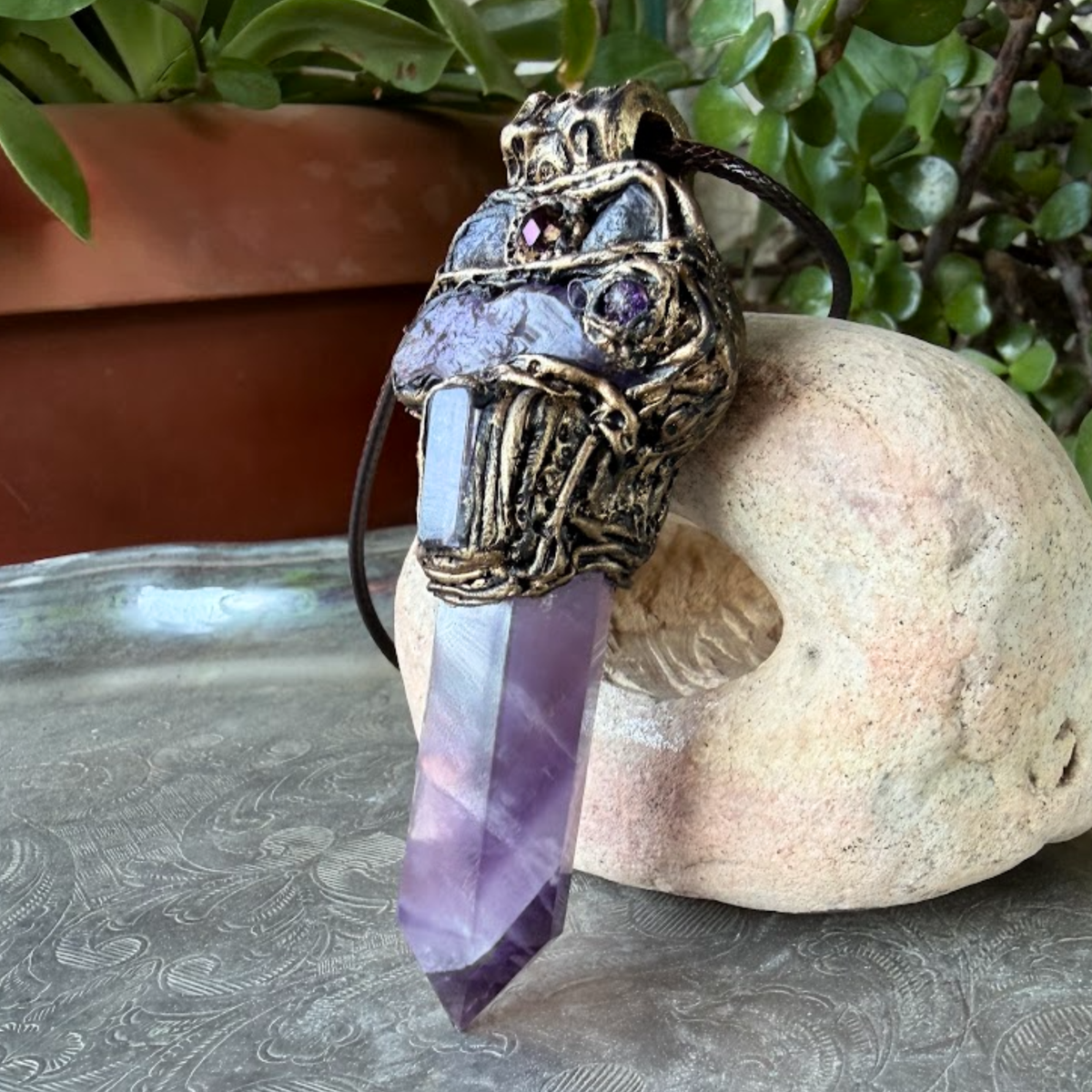 Amethyst and Tanzanite gemstone pendant necklace — spiritual crystal amulet for intuition, peace, and mindfulness.
