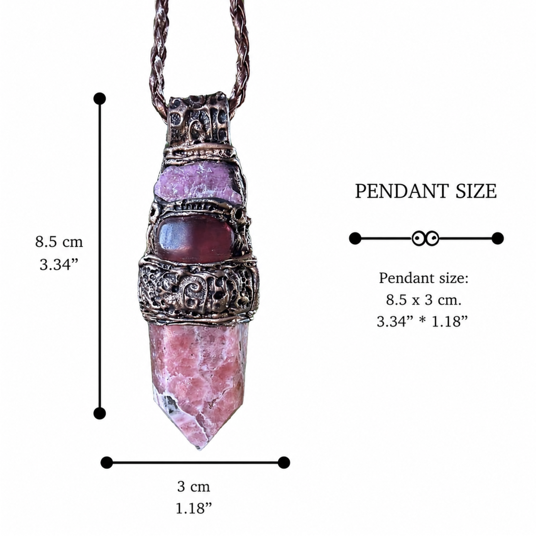 Rhodochrosite, Ruby and Cherry Quartz pendant necklace with large natural pink and red stones, handcrafted one-of-a-kind love crystal amulet.