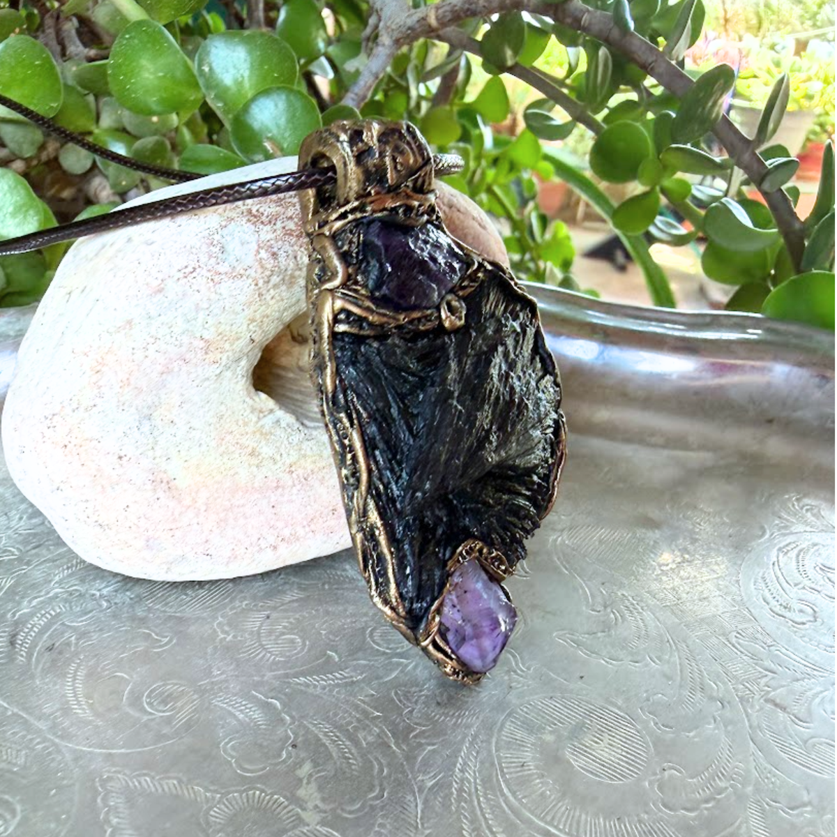 Black Kyanite & Amethyst Empath protection amulet necklace.