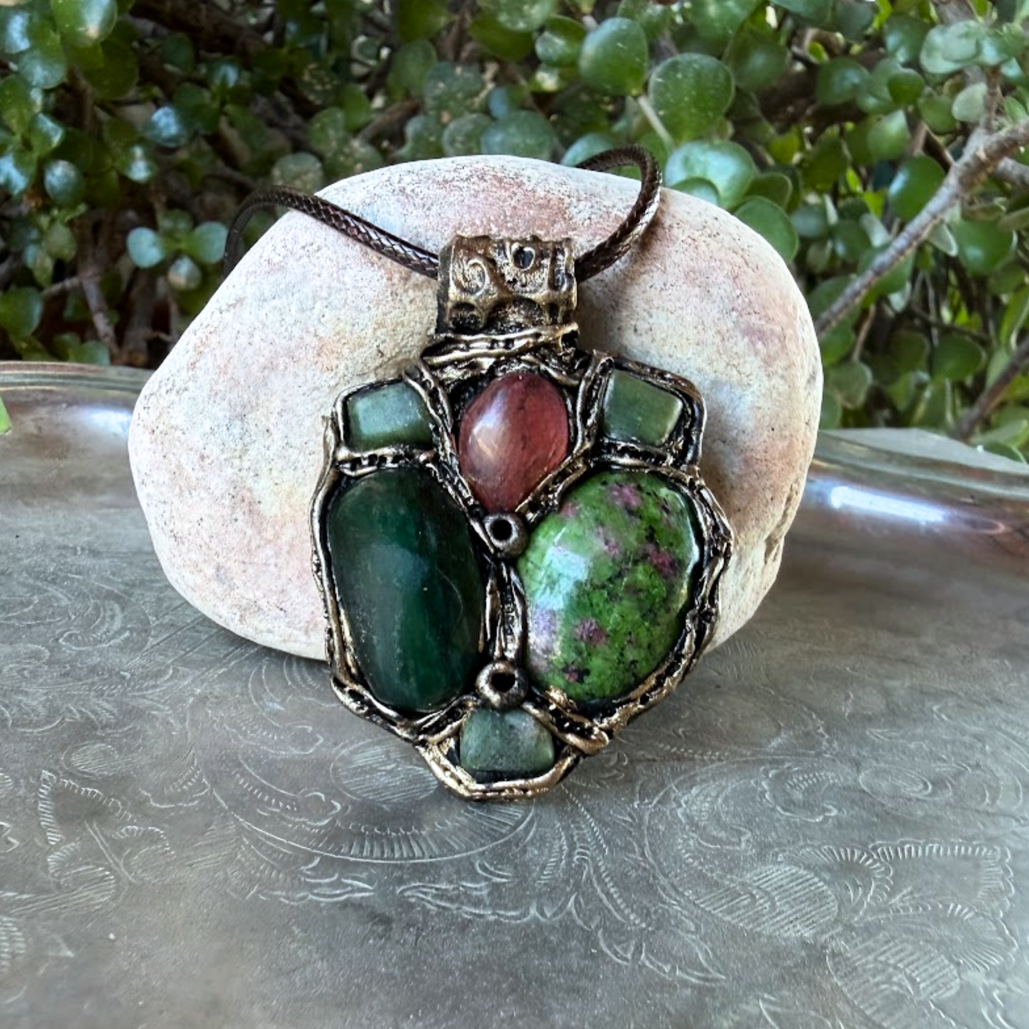 Ruby Zoisite, Jade & Cherry Quartz Pendant Necklace – Crystal Amulet