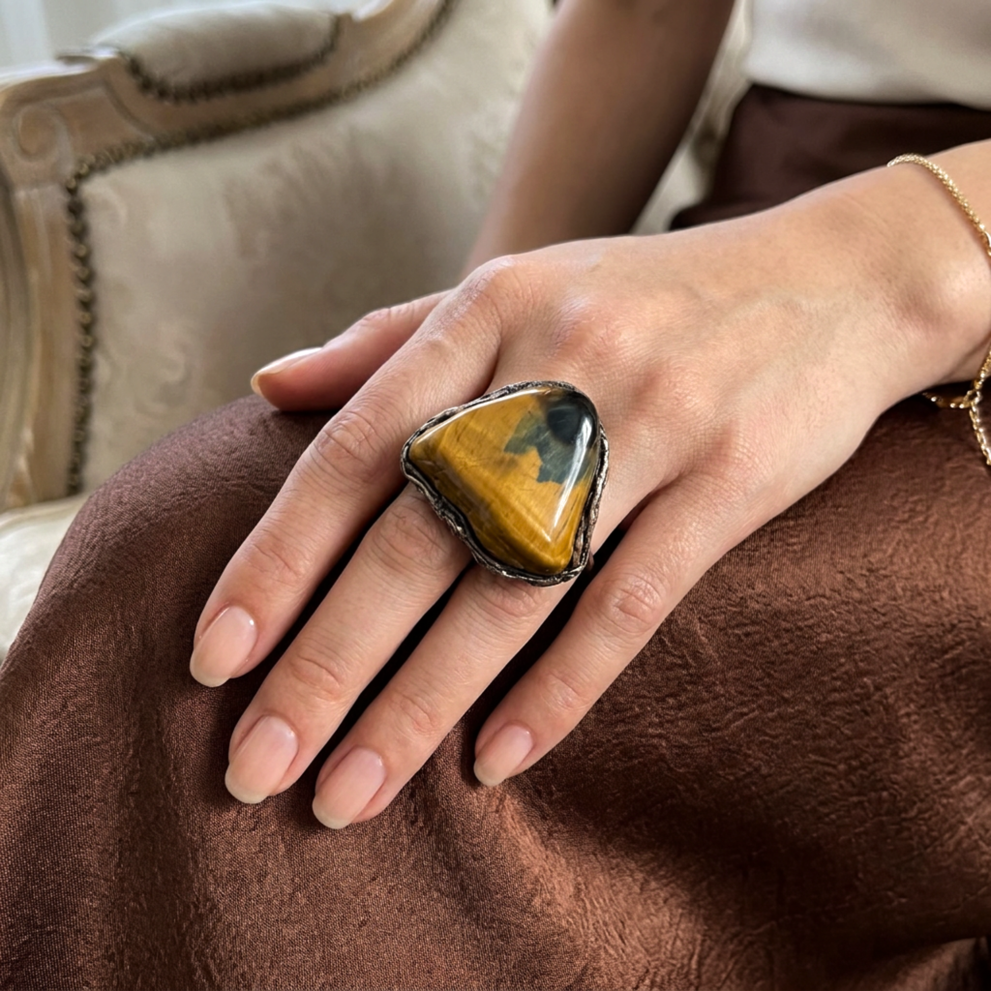 Tiger Eye yellow stone chunky cocktail ring, bold natural statement jewelry.