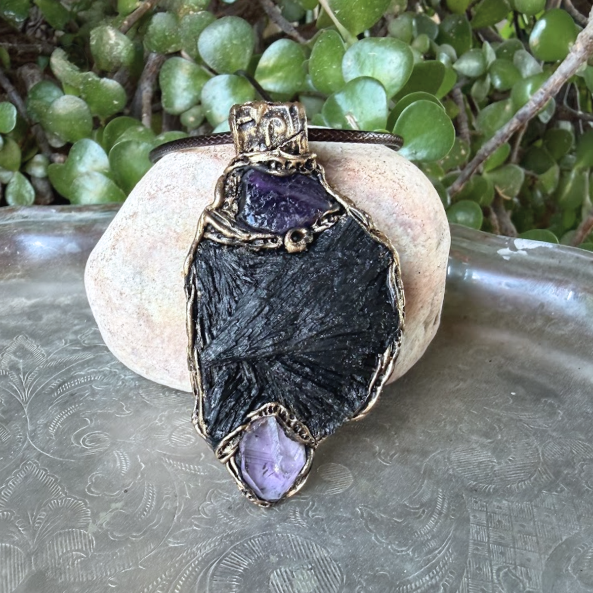 Black Kyanite & Amethyst Empath protection amulet necklace.