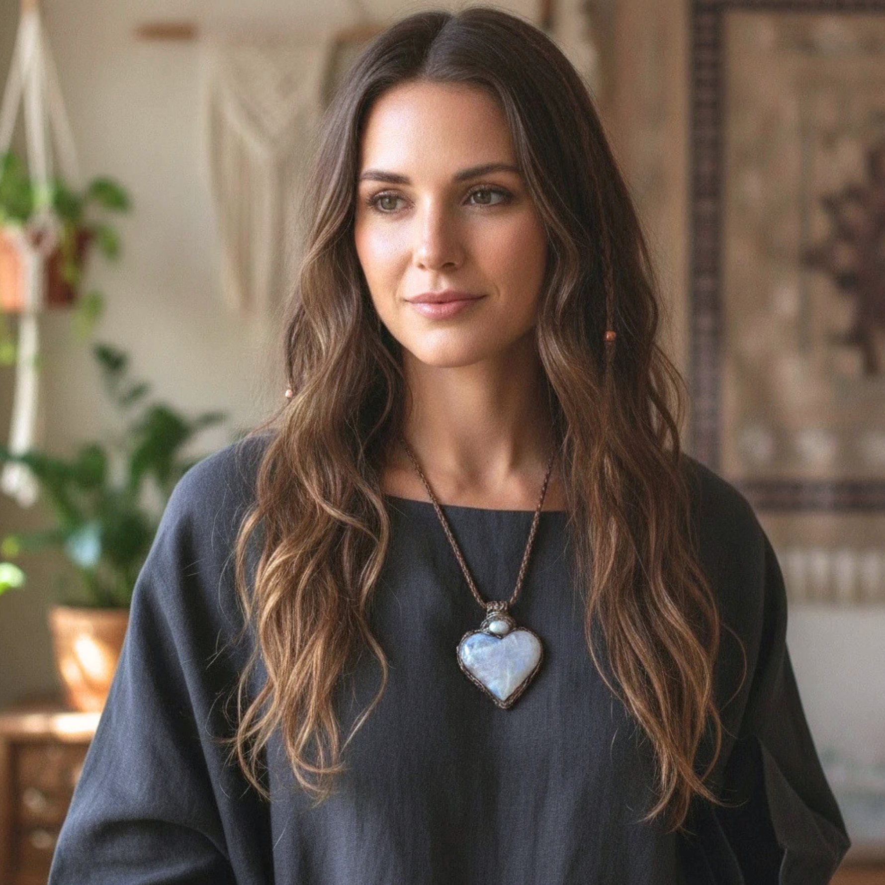 Moonstone and Pearl heart pendant necklace with luminous natural gemstones, handcrafted large one-of-a-kind crystal amulet.