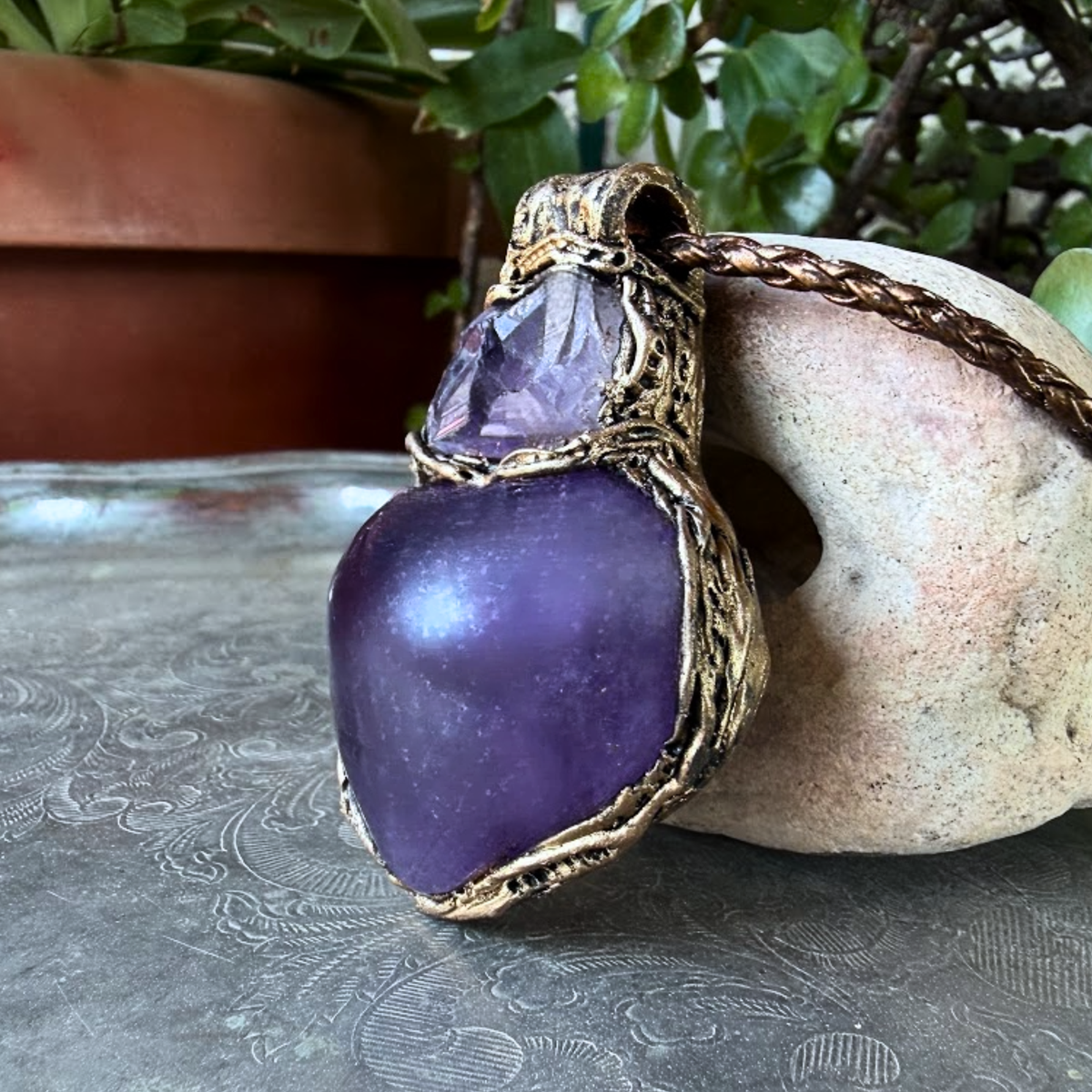 Chunky Amethyst Necklace - Purple Heart Crystal Pendant.