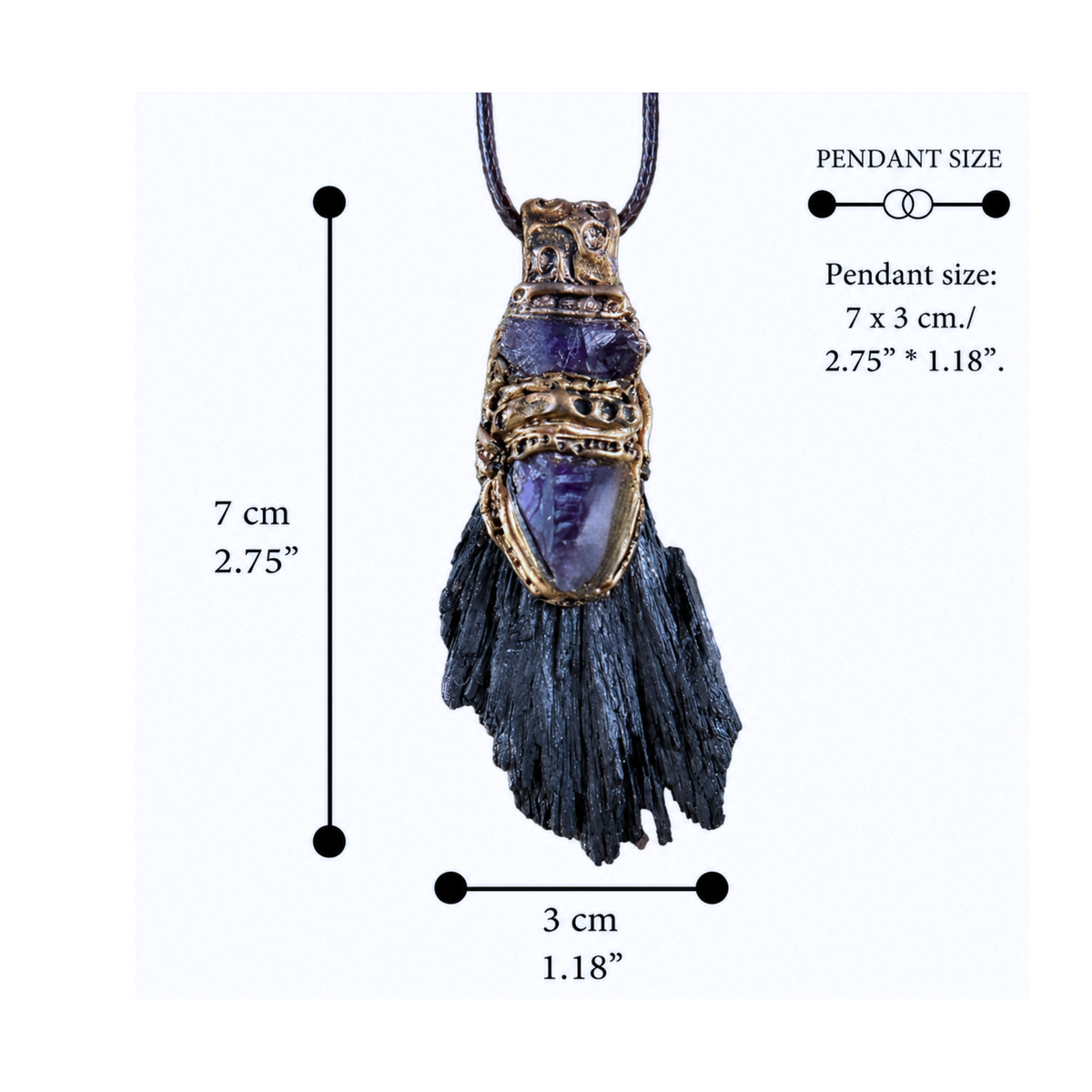 Black Kyanite and Amethyst Pendant Necklace Empath Protection Crystal Amulet