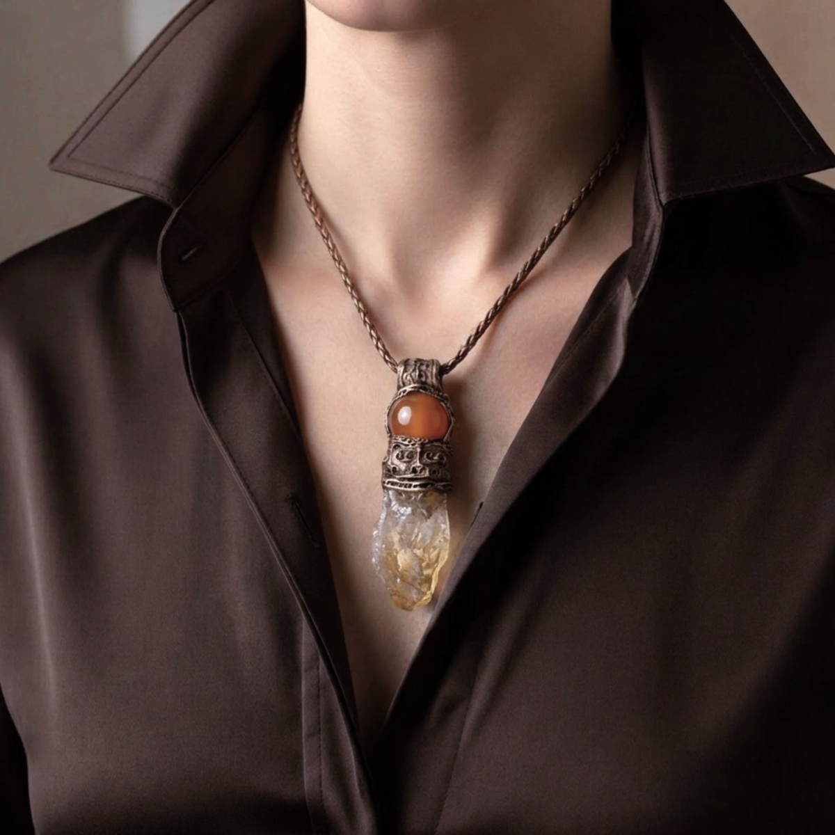 Natural Citrine & Carnelian Pendant Necklace – Large Raw Crystal Amulet.