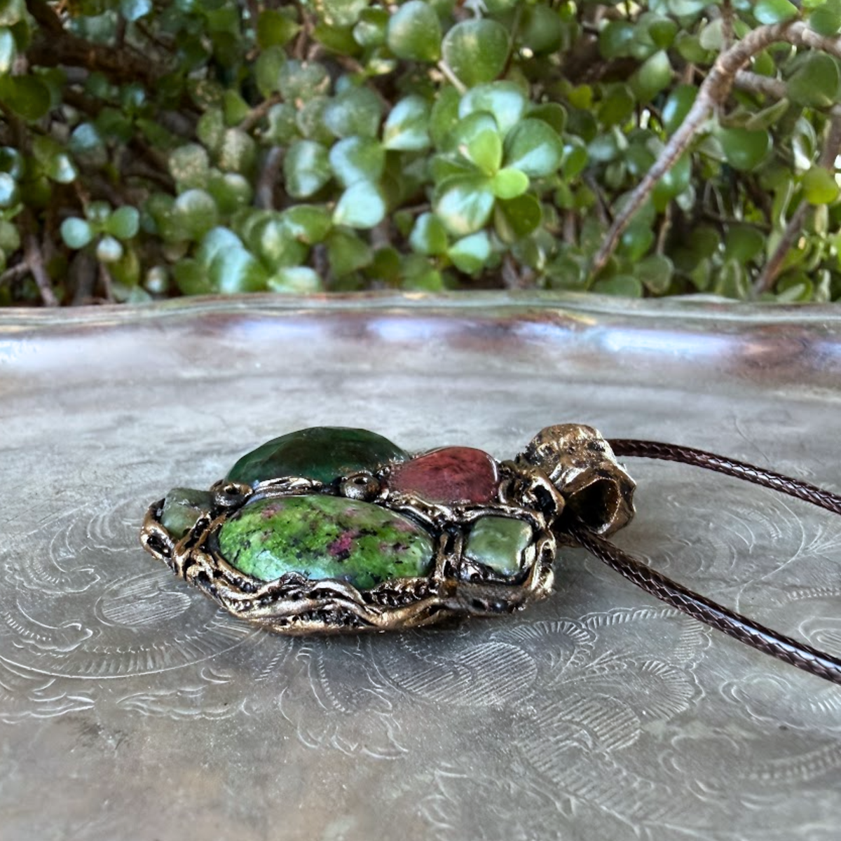 Ruby Zoisite, Jade & Cherry Quartz Pendant Necklace – Crystal Amulet