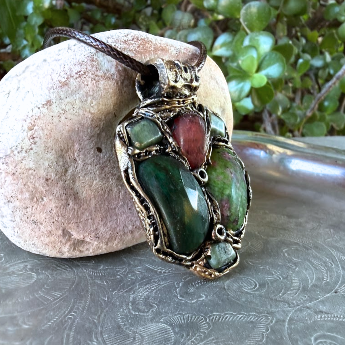 Ruby Zoisite, Jade & Cherry Quartz Pendant Necklace – Crystal Amulet