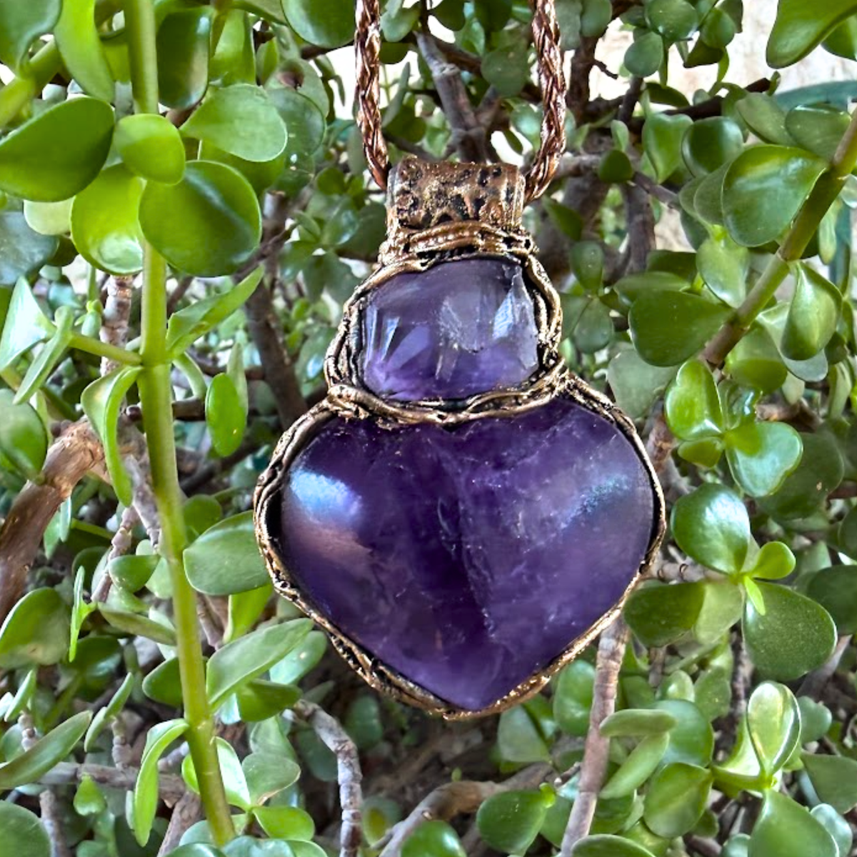 Chunky Amethyst Necklace - Purple Heart Crystal Pendant.
