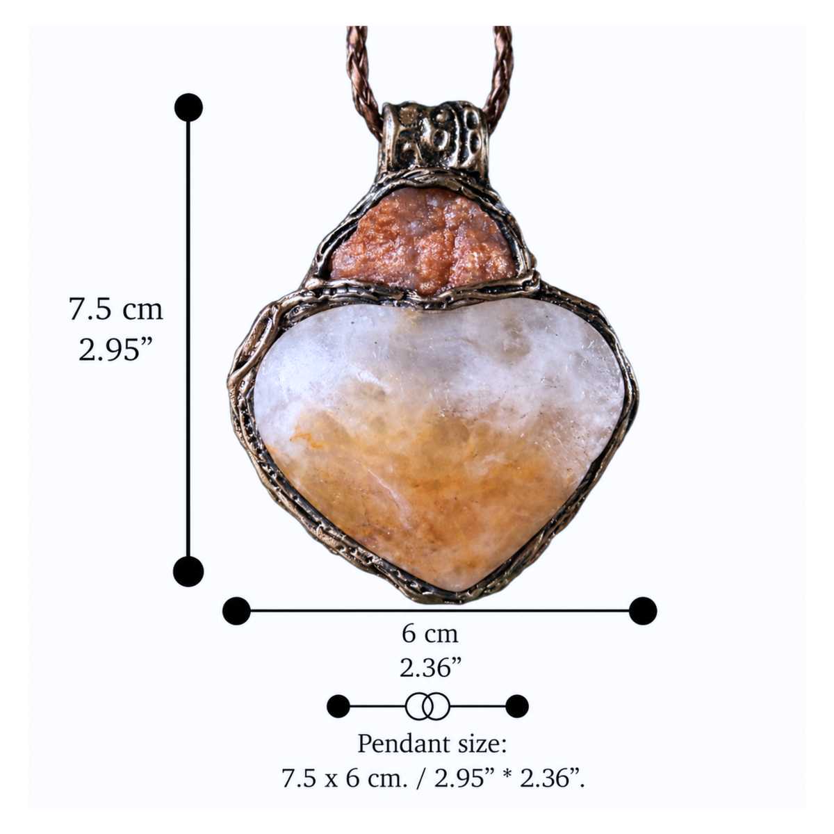 Golden Healer Quartz and Sunstone heart pendant necklace, radiant healing crystal amulet.