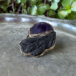 Black Kyanite and Amethyst statement ring with natural black and purple crystals, handcrafted one-of-a-kind chunky cocktail ring.