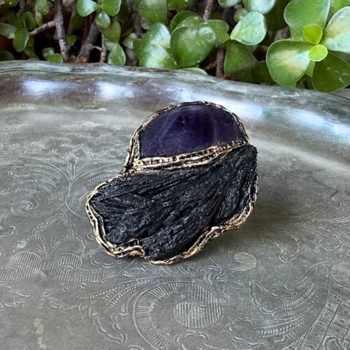 Black Kyanite and Amethyst statement ring with natural black and purple crystals, handcrafted one-of-a-kind chunky cocktail ring.