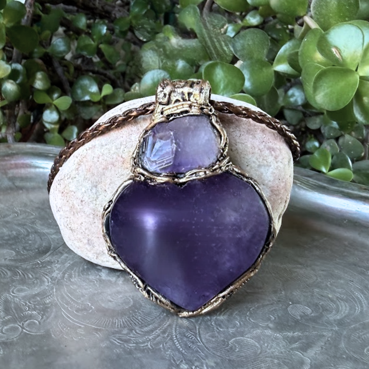 Chunky Amethyst Necklace - Purple Heart Crystal Pendant.