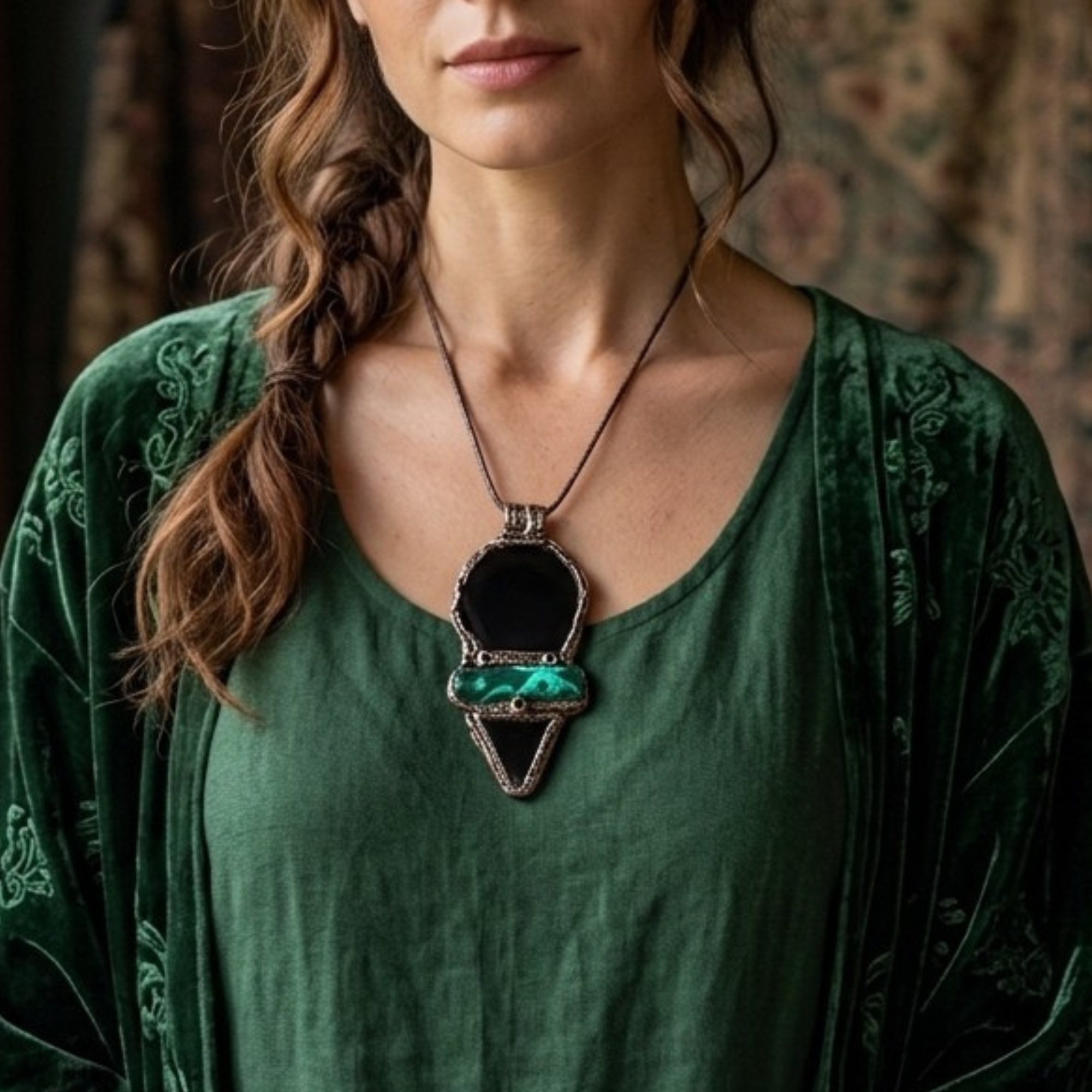 Handmade Obsidian and Malachite statement pendant necklace featuring contrasting black and green gemstones in a bold, one-of-a-kind crystal amulet design.