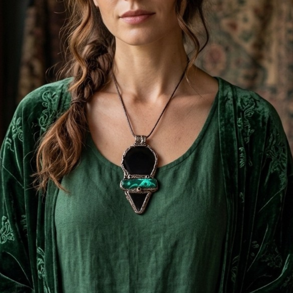 Handmade Obsidian and Malachite statement pendant necklace featuring contrasting black and green gemstones in a bold, one-of-a-kind crystal amulet design.