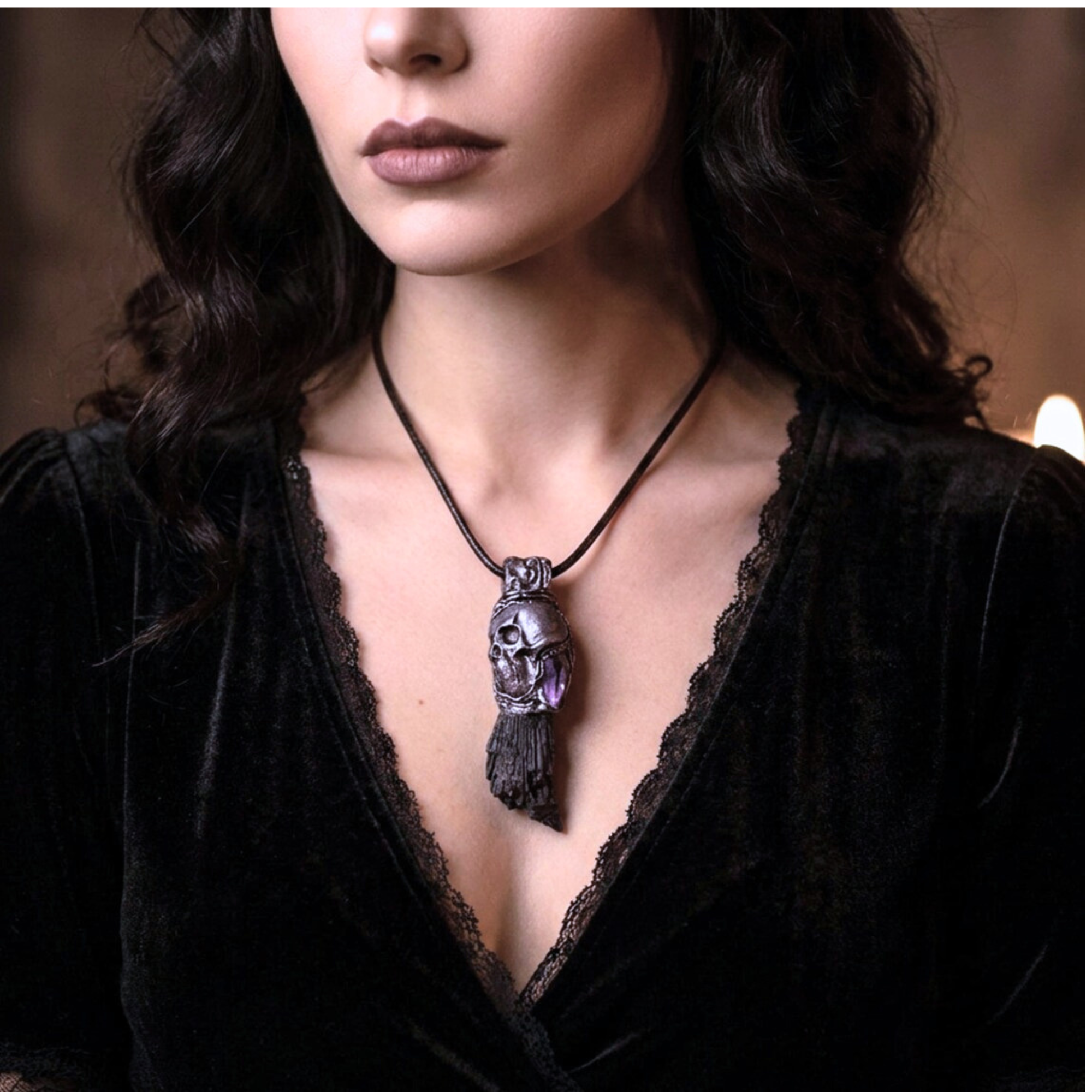 Black Kyanite and Amethyst Skull Pendant Necklace – Gothic Protection Crystal Amulet.