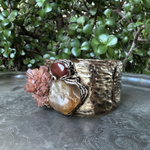 Aragonite, Citrine and Carnelian wide cuff bracelet, raw crystal statement jewelry.