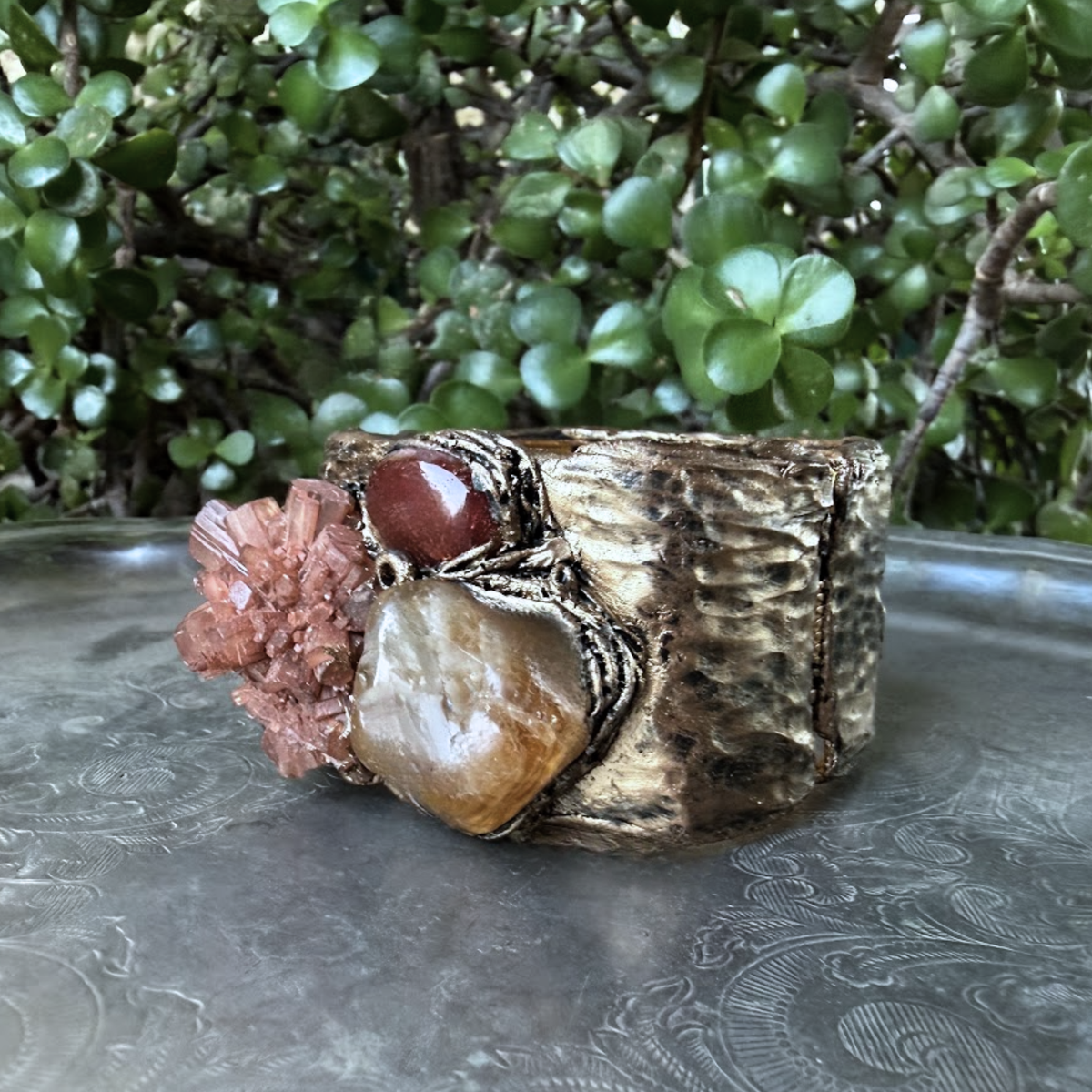 Aragonite, Citrine and Carnelian wide cuff bracelet, raw crystal statement jewelry.