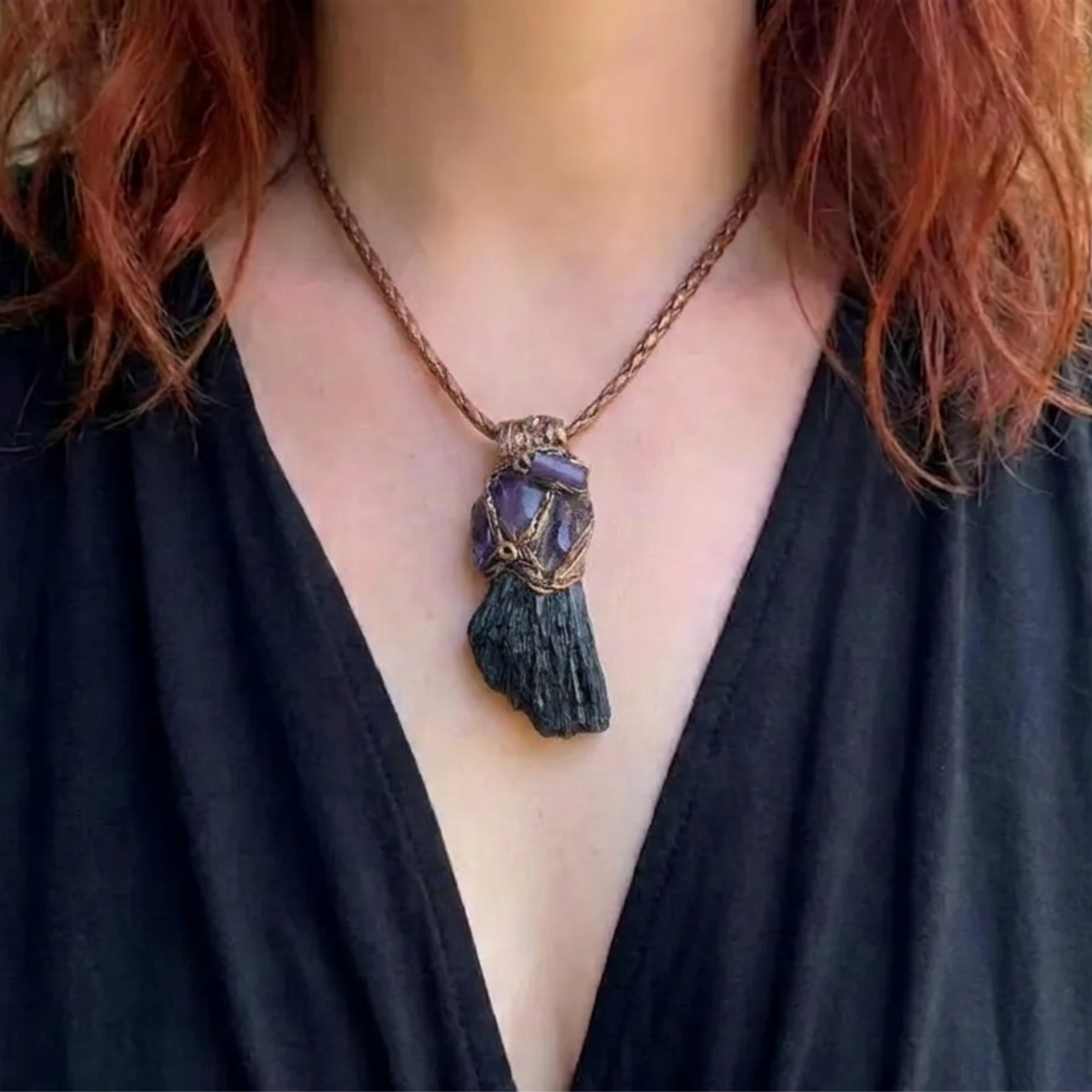 Black Kyanite and Amethyst Pendant Necklace Empath Protection Crystal Amulet