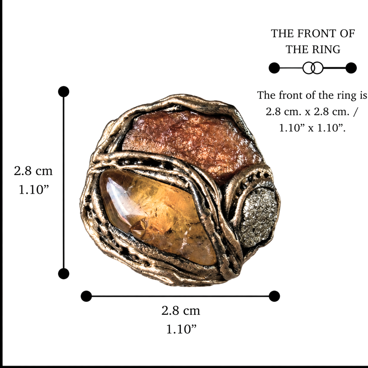 Citrine, Pyrite & Sunstone Statement Ring – Raw Crystal Gemstone Ring