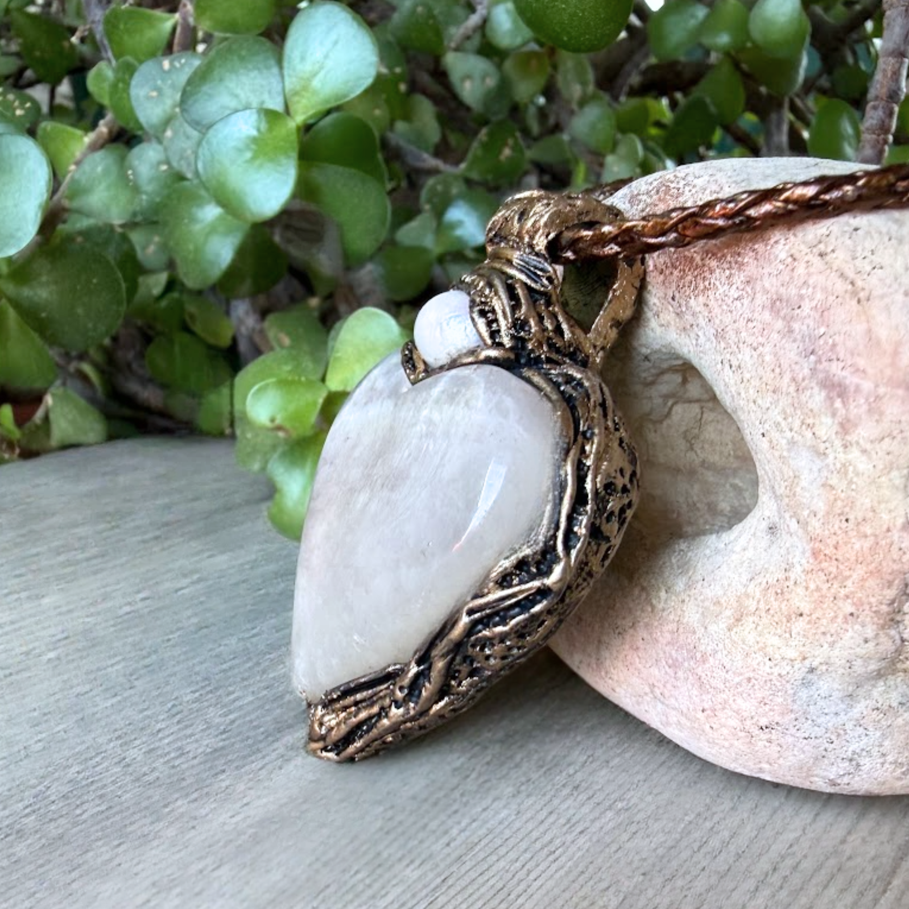 Moonstone and Pearl heart pendant necklace with luminous natural gemstones, handcrafted large one-of-a-kind crystal amulet.