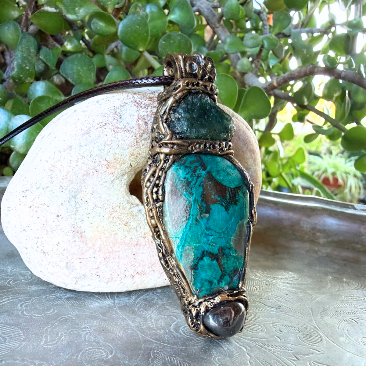 Raw Emerald, Chrysocolla and Hematite pendant necklace with natural green and metallic stones, handcrafted one-of-a-kind crystal amulet.