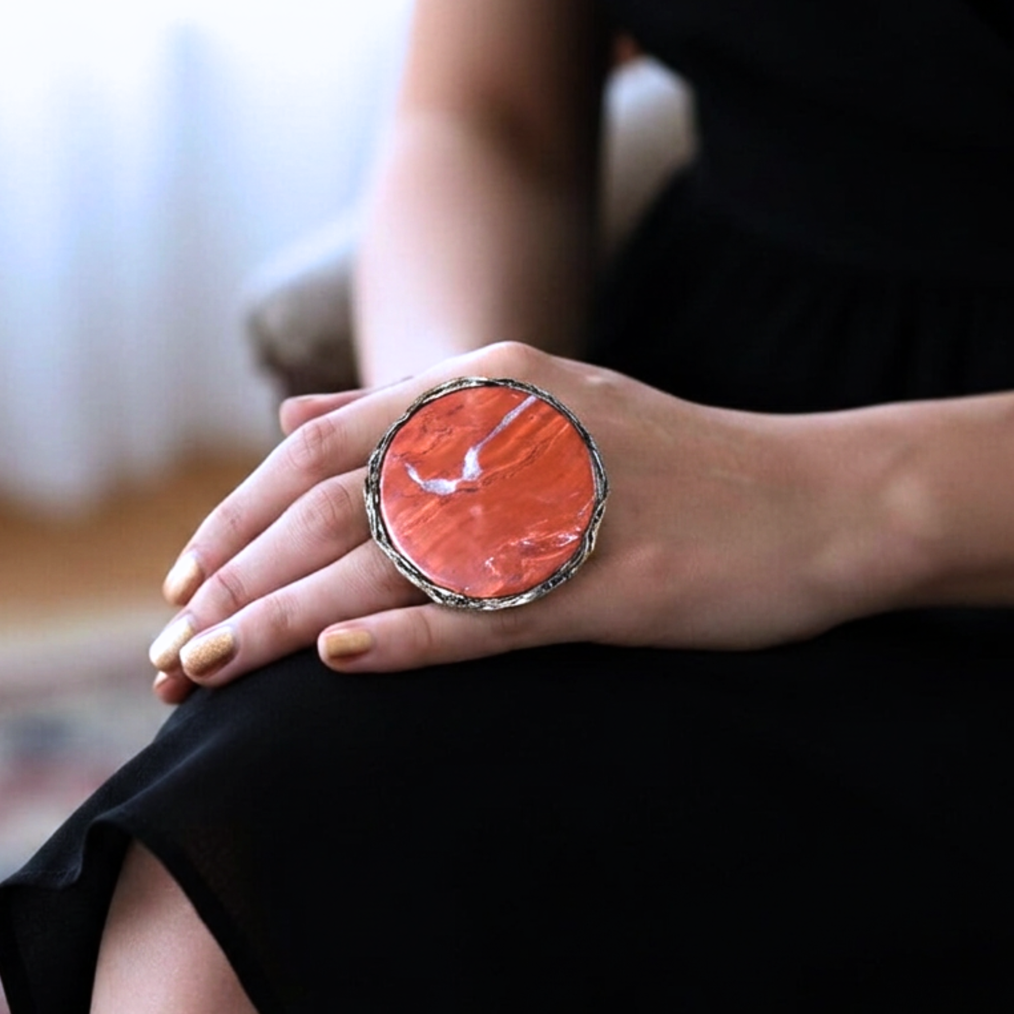 Big Red Jasper Chunky Large Stone Ring, Huge Oversized Round Cocktail Ring.