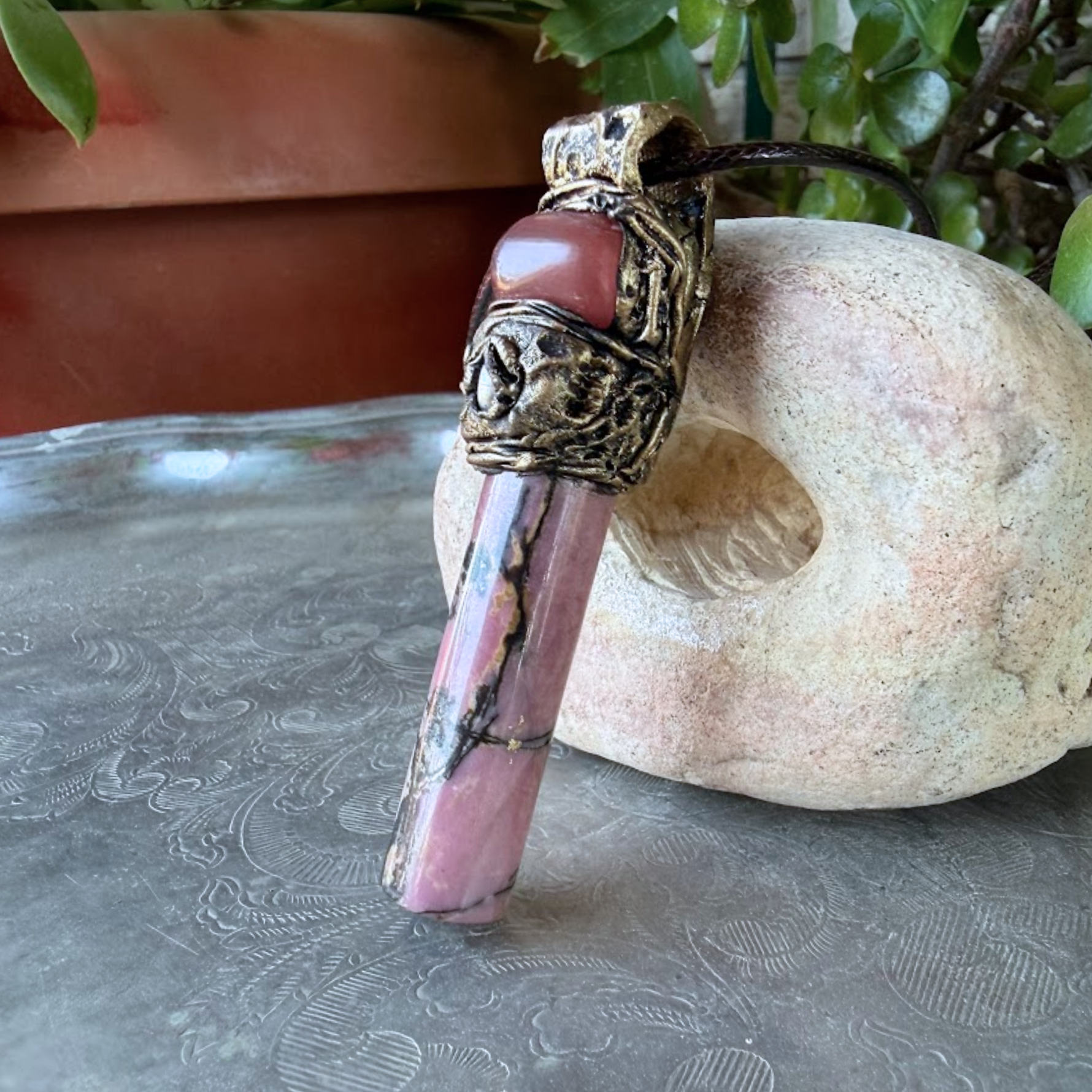 Rhodonite & Cherry Quartz Crystal Amulet - Pink Stone Pendant Necklace.