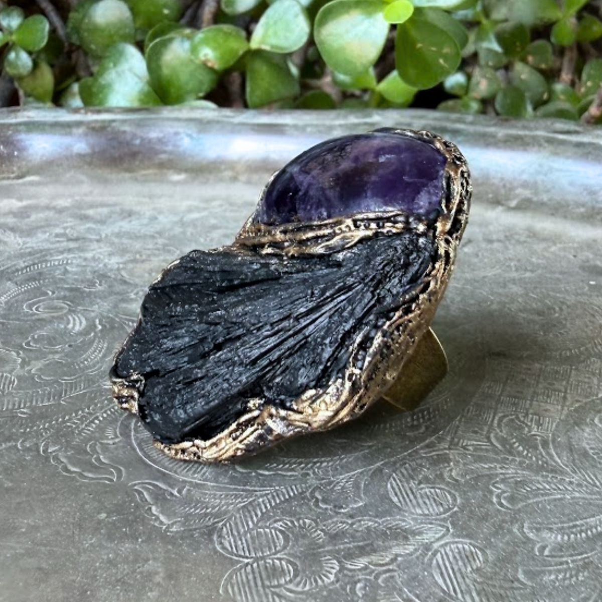 Black Kyanite and Amethyst statement ring with natural black and purple crystals, handcrafted one-of-a-kind chunky cocktail ring.